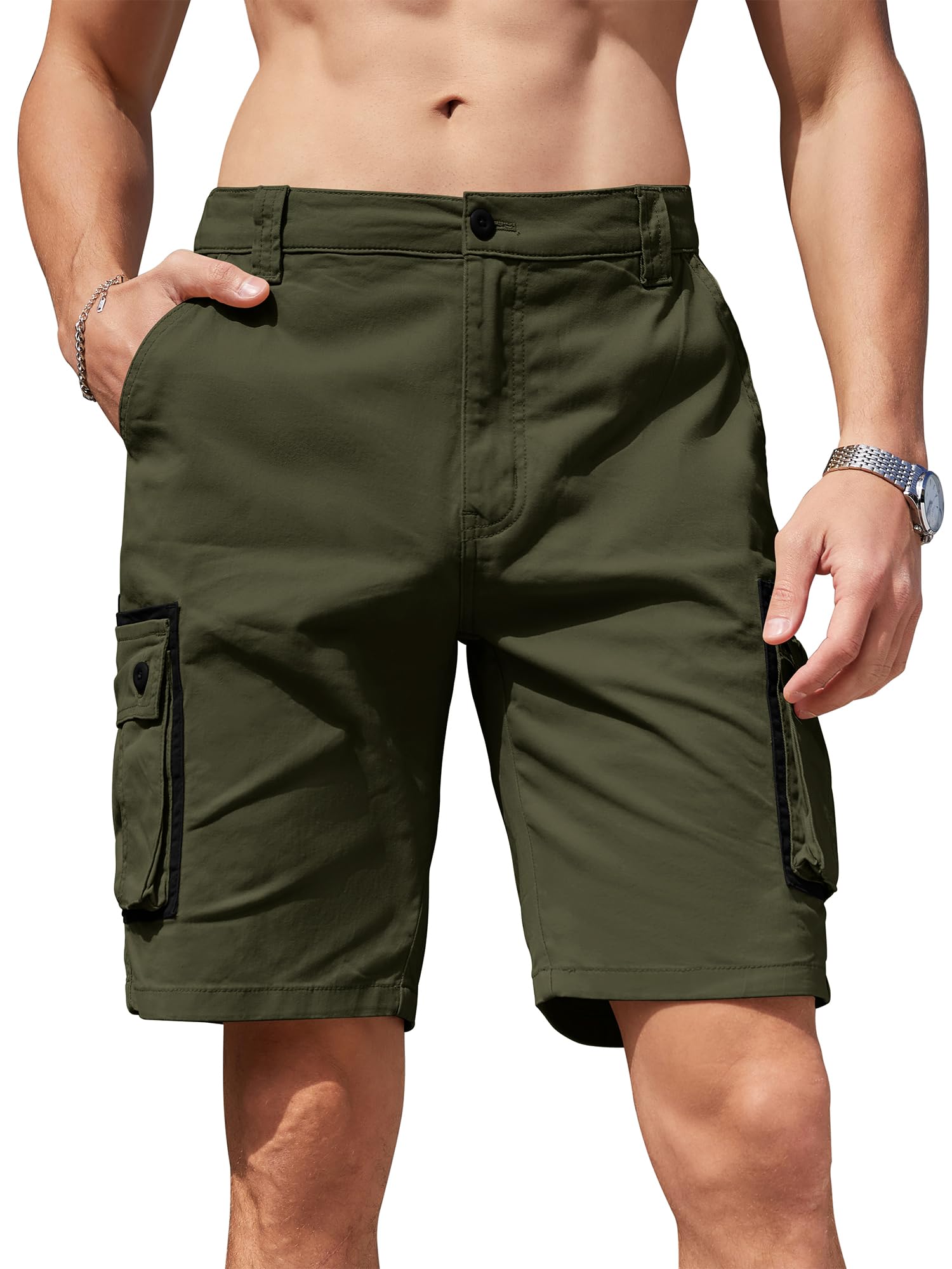 Breampot Men's Army Green Cargo Shorts Casual Cotton Combat Shorts Multi-Pocket Elastic Waist Utility Work Shorts(,Xxx-Large)