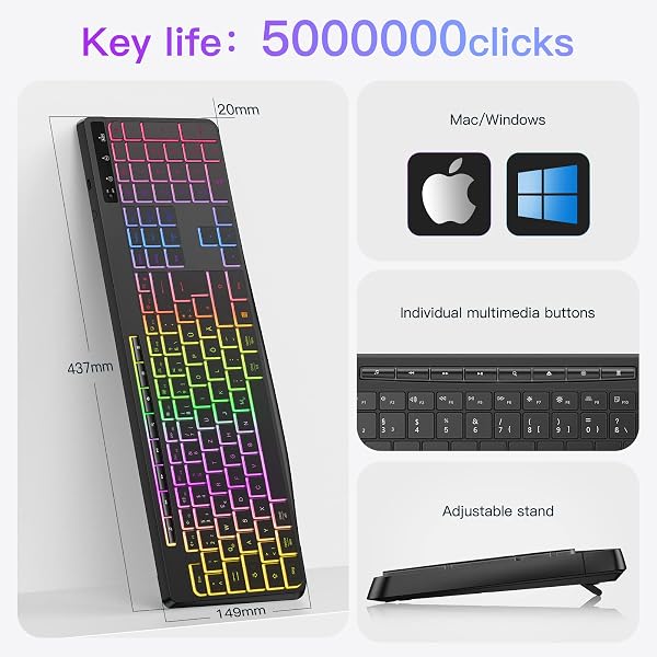 TECURS Wireless Gaming Keyboard - Quiet Keyboard QWERTZ Illuminated Ergonomic Waterproof 2.4 GHz LED Keyboard for Windows / Mac / PS4 / Xbox with Multimedia Keys Black - 5