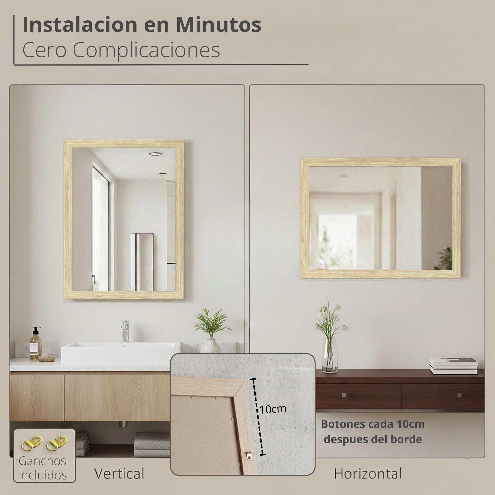 CHELY INTERMARKET MOD128 Espejo Pared Vertical Decorativo Grande Estilo Moderno Marco Madera Cuerpo Entero Elegante 60x80 cm Haya Ideal Recibidor Dormitorio Baño Incluye Kit Montaje