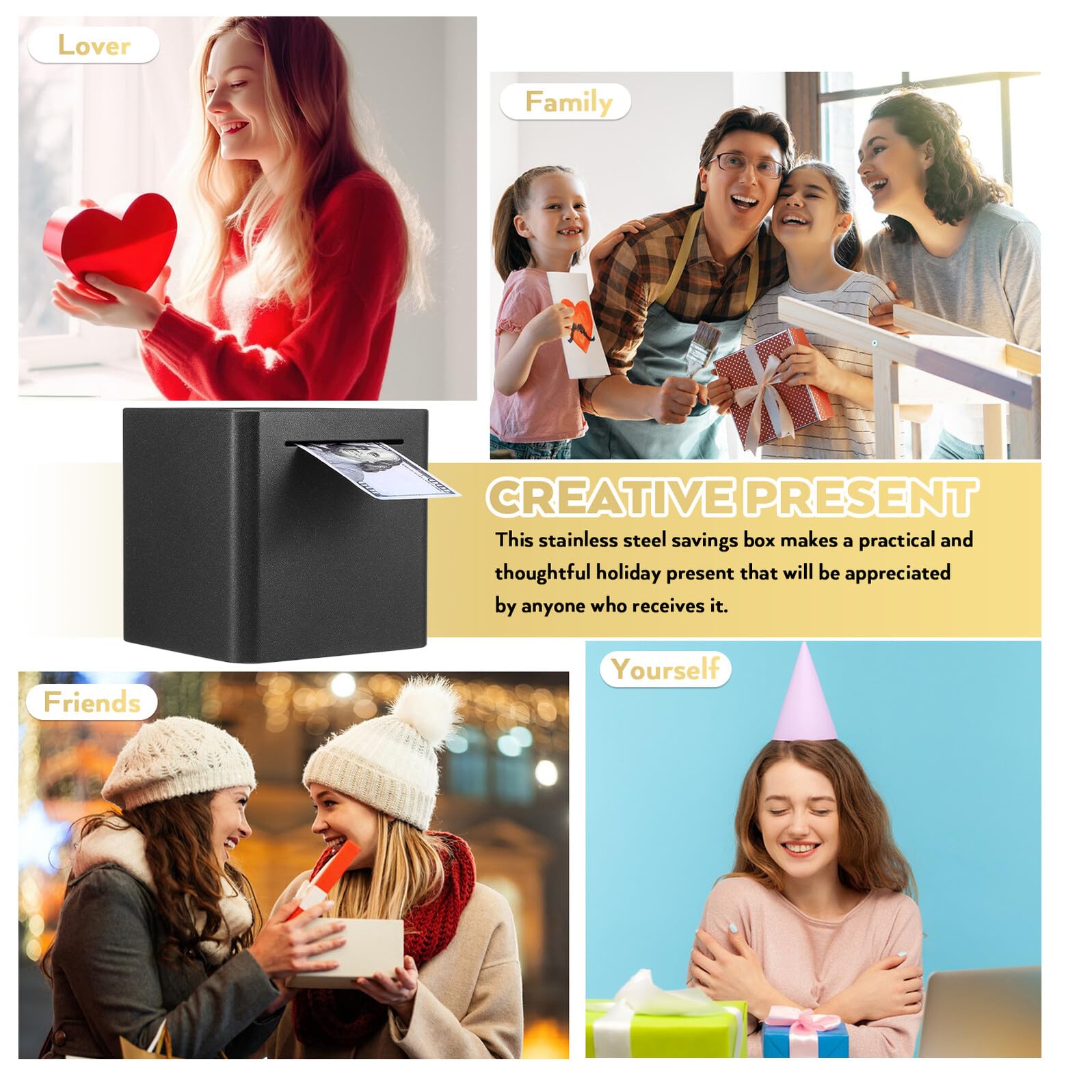 ABOOFAN Salvadanaio in Acciaio Resistente con Slot Scatola Soldi per Risparmio Contanti Sicuro Contenitore Monete e Banconote per Adulti