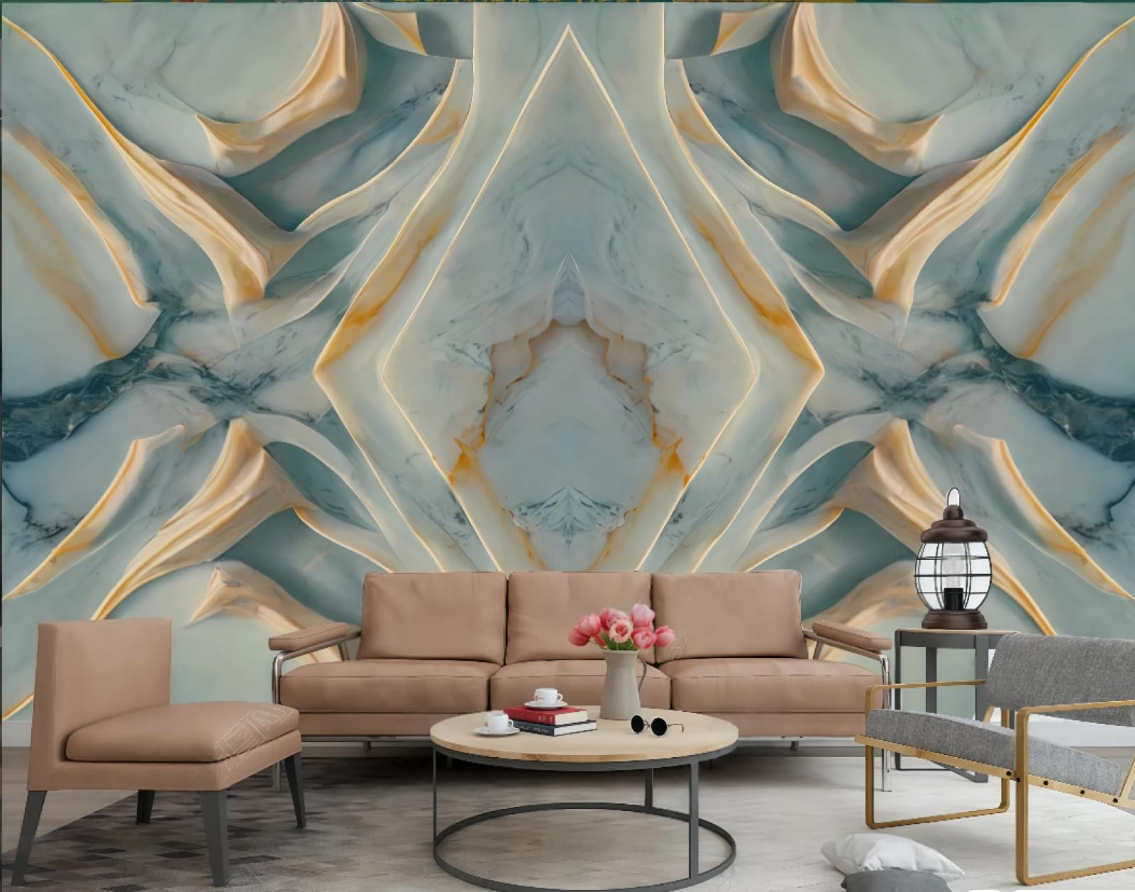 Papier peint panoramique salon et café au motif losange géométrique 3D
