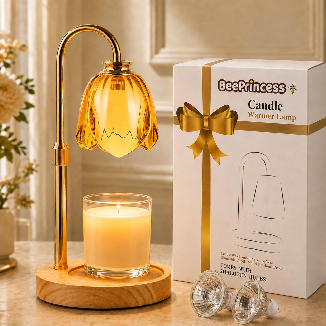 VIMAZ Gold Candle Warmer Lamp, Height AdjustableTulip-Shaped Wax Lamp with 2 Bulbs, Housewarming Gifts, Presents for Women Mum