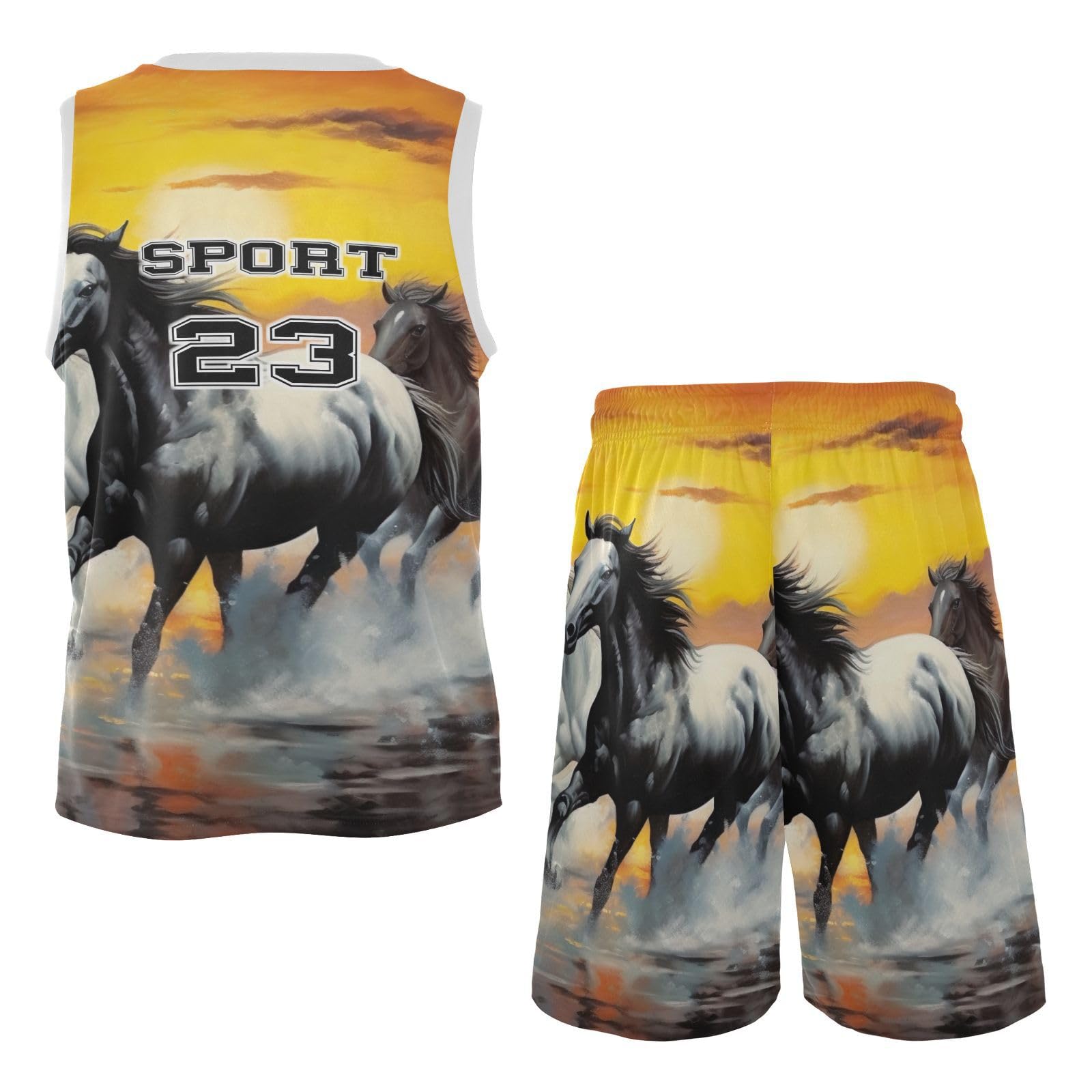 FLildon Running Horses Painting Boys Basketball Jersey Set Tank Top Shorts Tracksuit Sport Training Suit for Kids, XXL