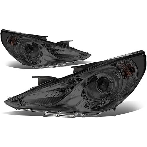 Auto Dynasty Headlights Assembly Compatible with 2011 2012 2013 2014 Sonata, Driver and Passenger Side Halogen Headlamps Replacement w/Projector Low Beam, Excludes Hybrid, Smoked Lens Clear Corner