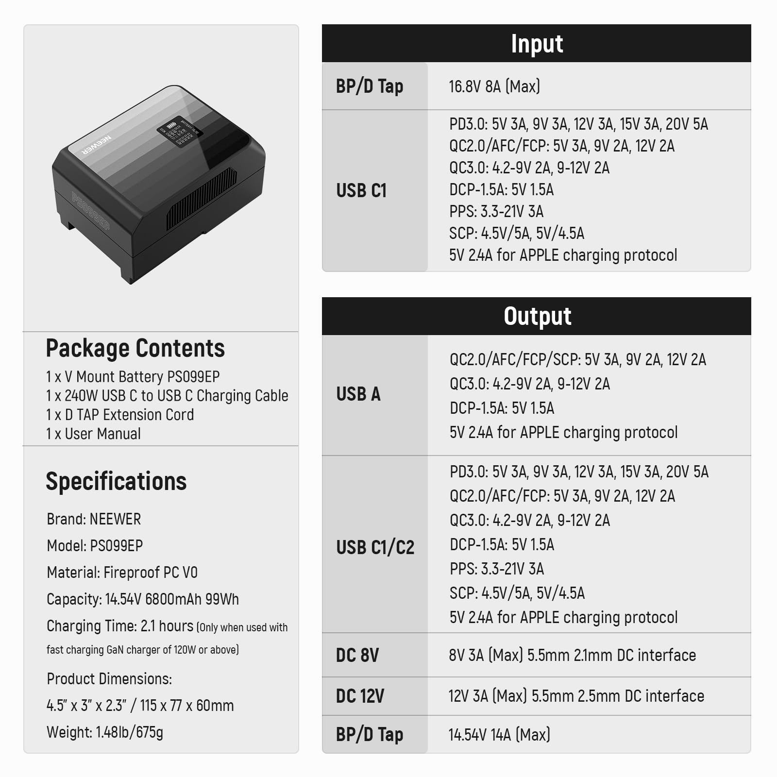 NEEWER Mini Batteria V Mount PS099EP, 6800mAh 99Wh 14.5V Batteria V Lock con Ricarica Rapida 100W PD, 2 USB C/D Tap/BP/USB A/2 Porte DC/Schermo OLED, Compatibile con Videocamera BMPCC 4k 6k