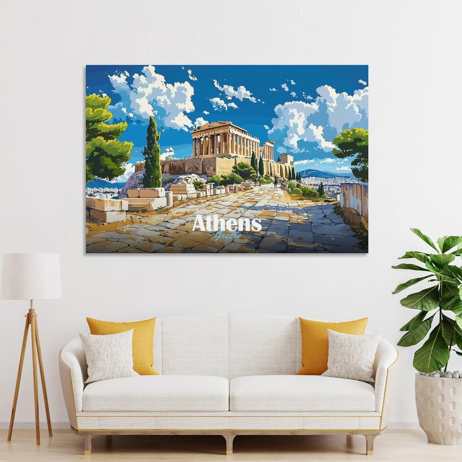 Junmoney Wall Picture Print Athens Acropolis Illustration, 20x30inch(50x75cm), for Lounge, Bedroom Or Personal Spaces, Canvas Artwork with Gifting Potential