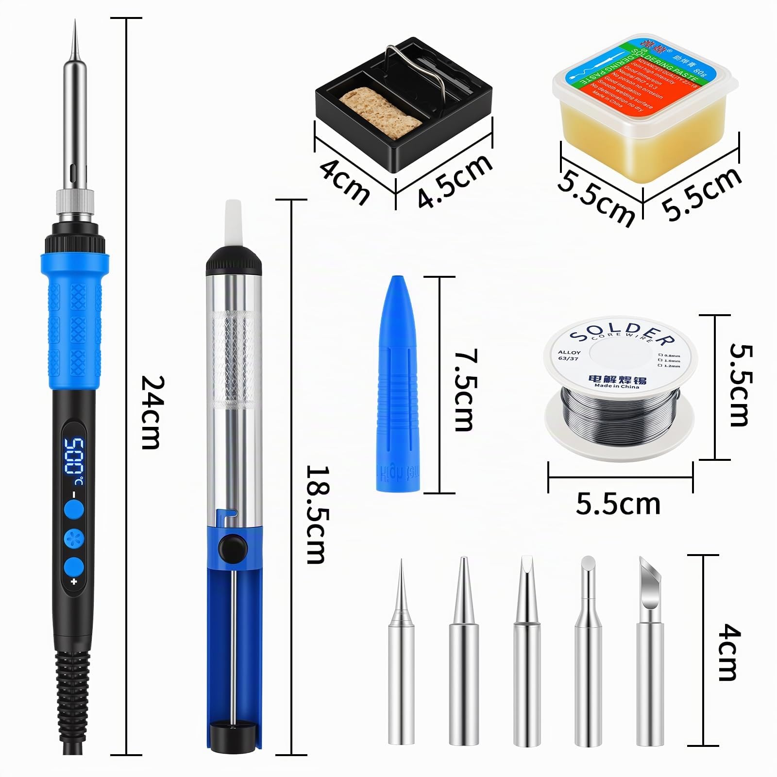 Fer A Souder Electronique De Precision Kit 90W Température Réglable 180-500°C Fer A Souder avec Interrupteur, 50g Pâte à Souder, Pompe à Dessouder, 5 Pointes, Support avec Éponge, 1.5M Fil de Soudure