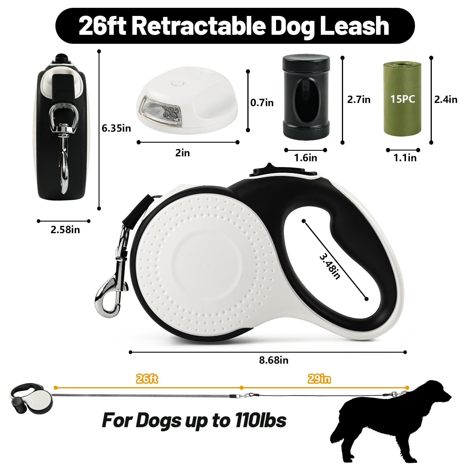 Correa retráctil resistente para perros grandes, 26 pies con cable a prueba de masticación, dispensador, luz LED, 2 bolsas para excrementos. 360° sin enredos, freno y bloqueo de un botón, hasta 100