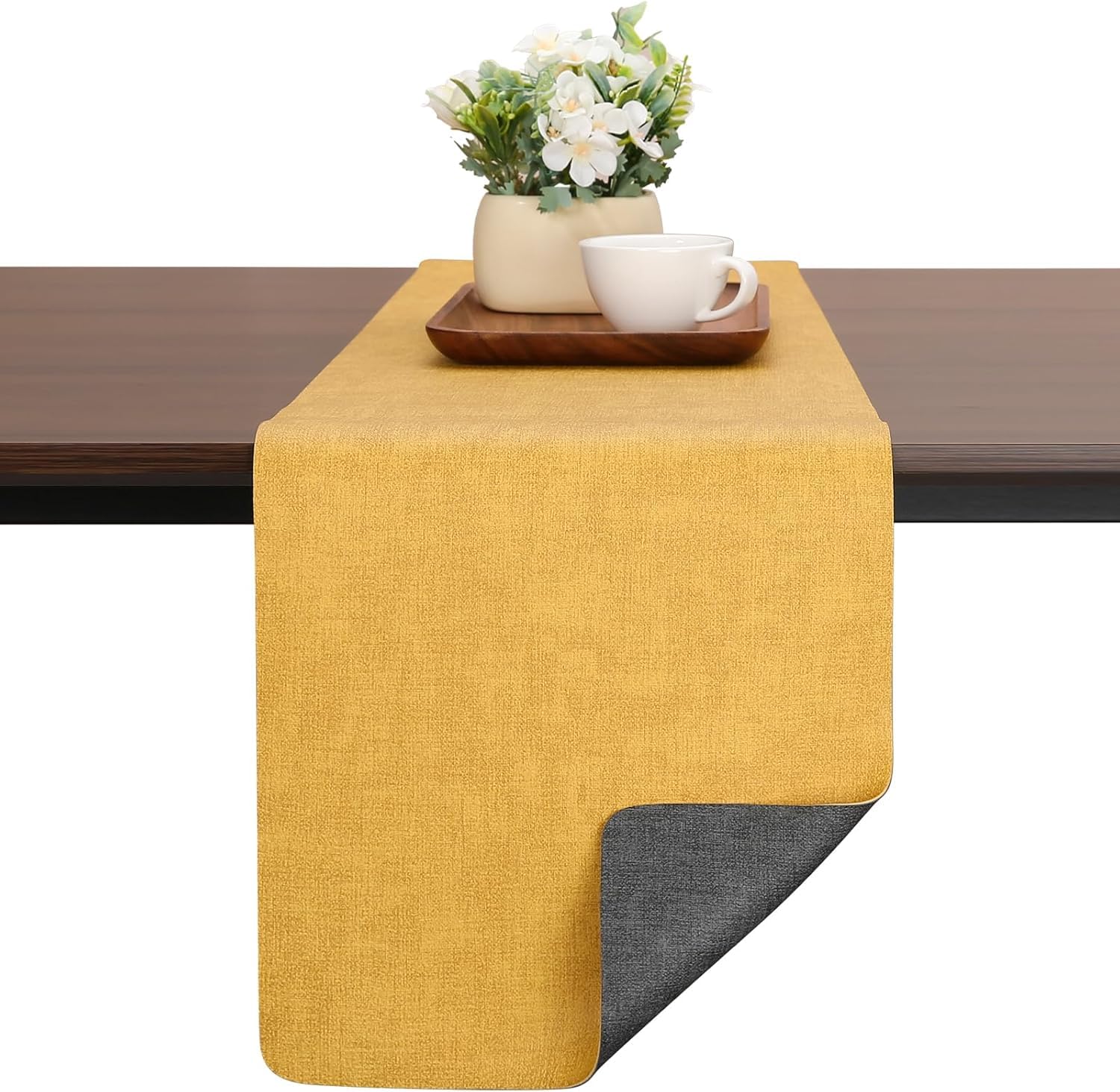 Runner da Tavolo Bifacciale in Ecopelle, Giallo e Grigio, Impermeabile e Antiscivolo, Lavabile, Design Moderno, 30x183 cm
