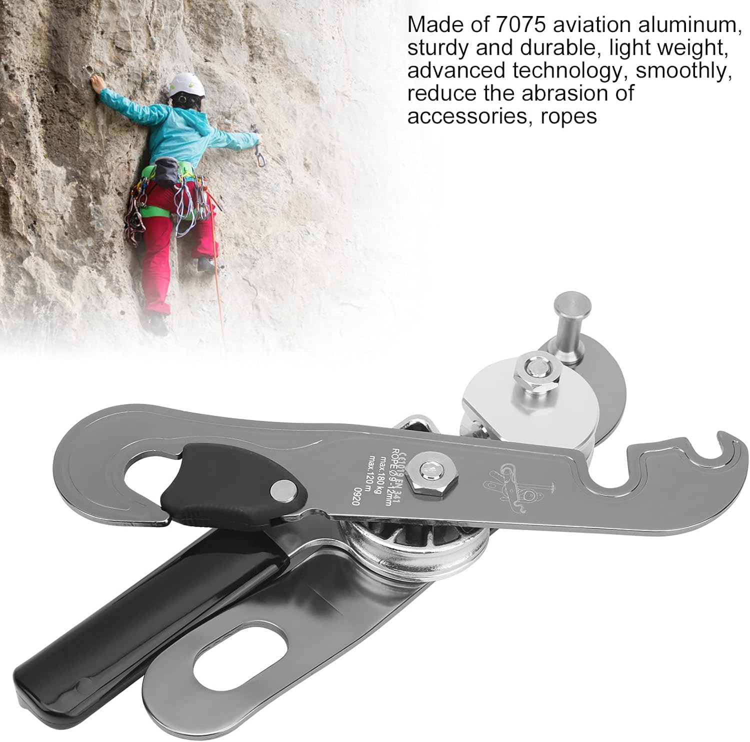 flexman Climbing Protection Stop Descender, 180KG Tensile Aviation Aluminum Climbing Rappelling Gear Ascender Device for 9~12mm Rope for Mountaineering Work at Height