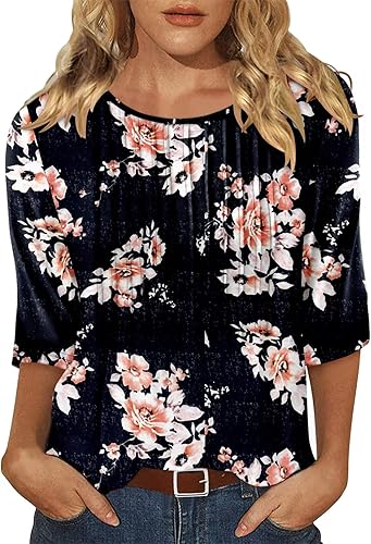 KISSMODA Tunic Tops for Women Loose Fit Dressy Round Neck Pleated 3/4 Length Sleeve Spring Tops