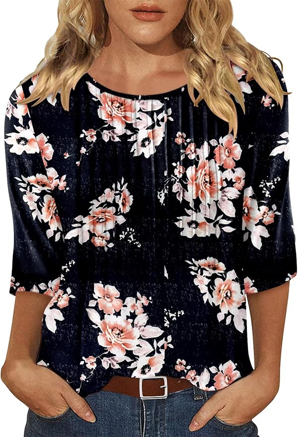 KISSMODA Tunic Tops for Women Loose Fit Dressy Round Neck Pleated 3/4 Length Sleeve Spring Tops