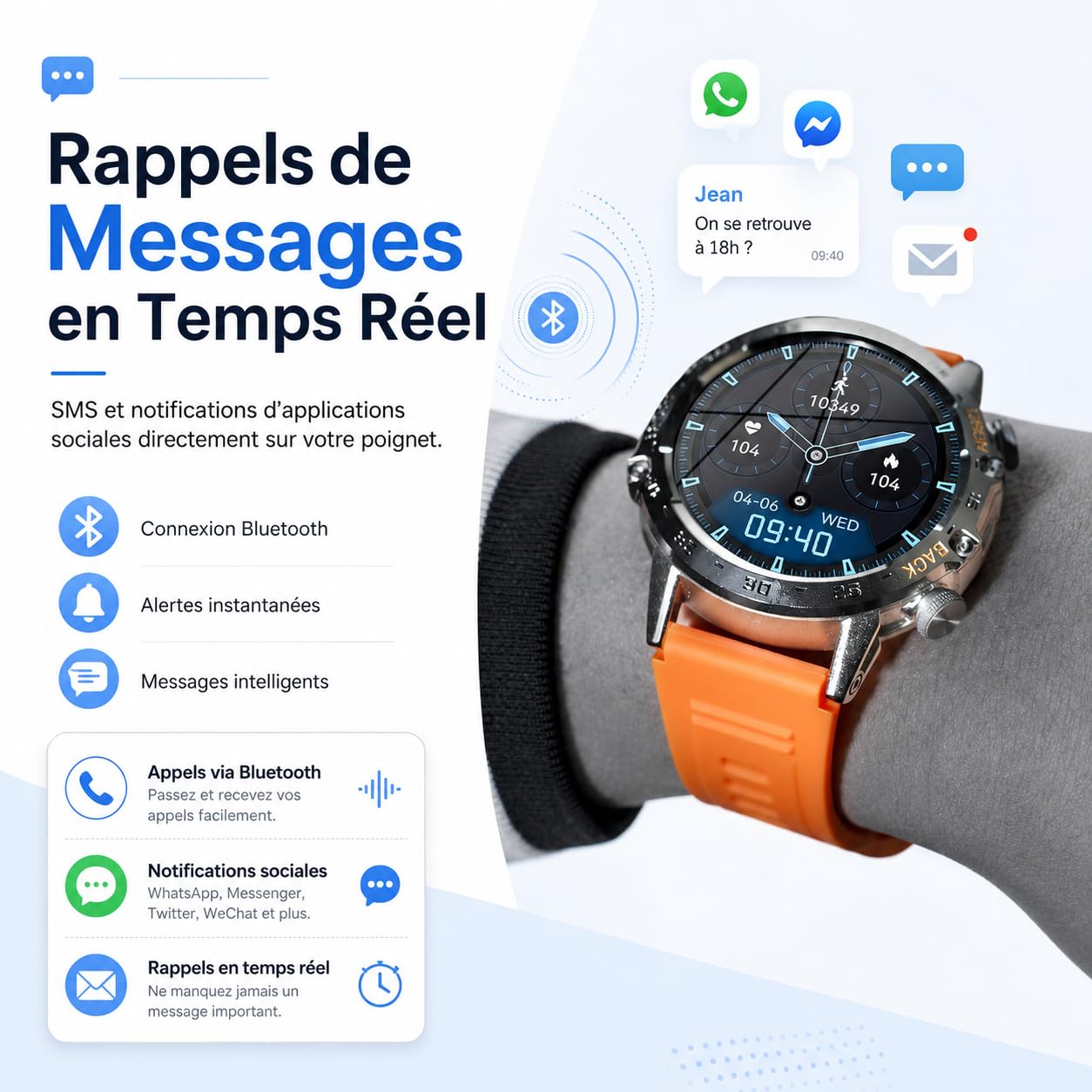 Onyxus Fitforce K52 Montre Connectée Bluetooth avec Appels, Écran Renforcé, Suivi du Sommeil, Autonomie 5 à 7 Jours, Montre Sport Étanche pour Homme Femme (Orange)