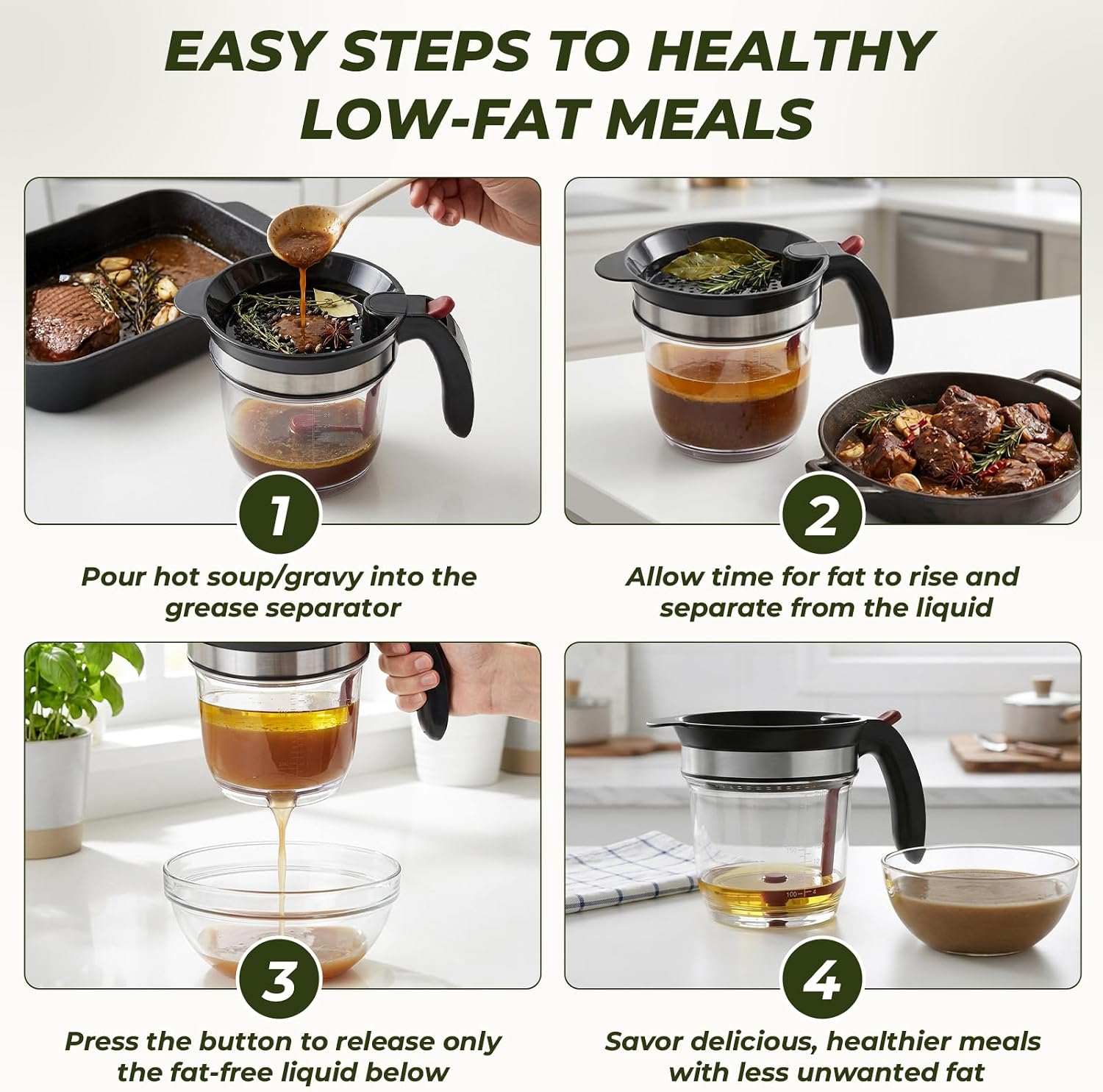 Fat Separator for Cooking, 4-Cup Fat Separator with Bottom Release