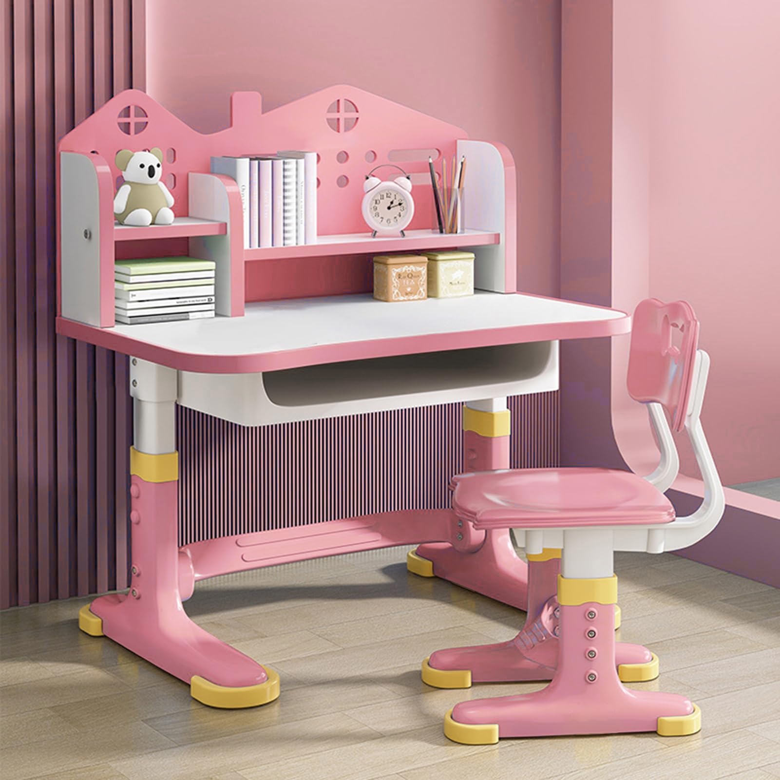 Juego de escritorio y silla para niños, silla de escritorio para niños, escritorios infantiles de altura ajustable con tablero de castillo, escritorio ampliado, soporte para libros y cajón de