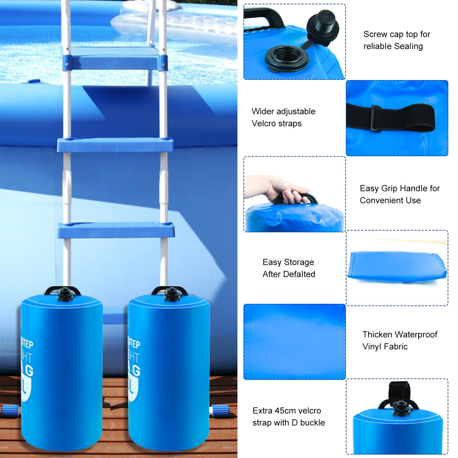 2 Sacs à Sable Pour Échelle De Piscine - PVC Étanche 500D - 10 Litres - Avec Crochets - Remplissage Facile - 6