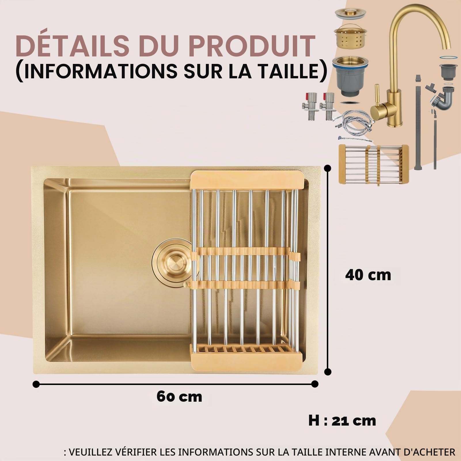 Évier de cuisine, rectangulaire, 60 x 40 cm, doré, 1 bac avec robinet en acier inoxydable, petit évier encastrable, avec drain doré et composants de montage, avec panier d'écoulement, évier