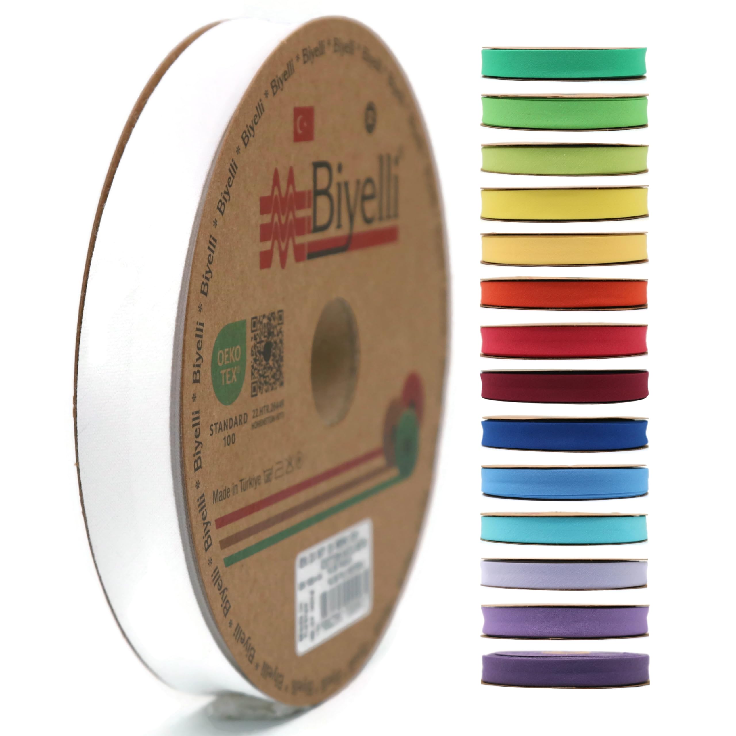 Cinta al bies plegable de algodón – 3/4 pulgadas (20 mm) de ancho – 27 yardas – más de 65 colores – Cinta de encuadernación de algodón de un solo pliegue para coser ropa DIY (01. Blanco) D01