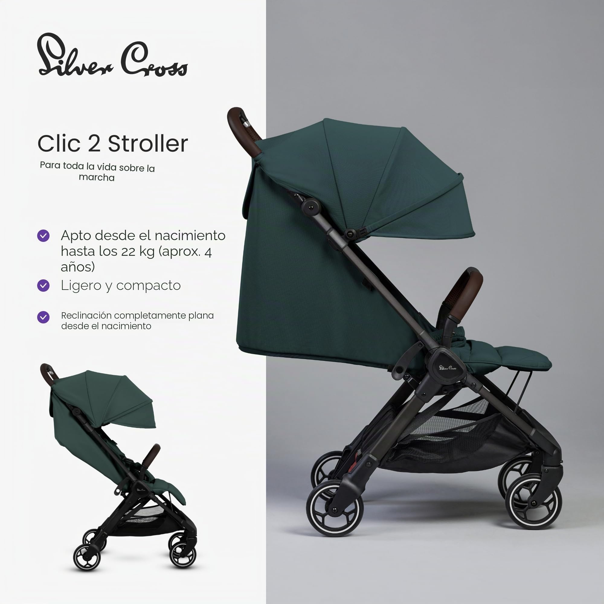 Silver Cross - Cochecito compacto Clic 2 y bolsa de viaje - Cochecito de viaje para toda la vida - Plegable y ligero - Adecuado desde el nacimiento hasta los 4 años - Coníferas