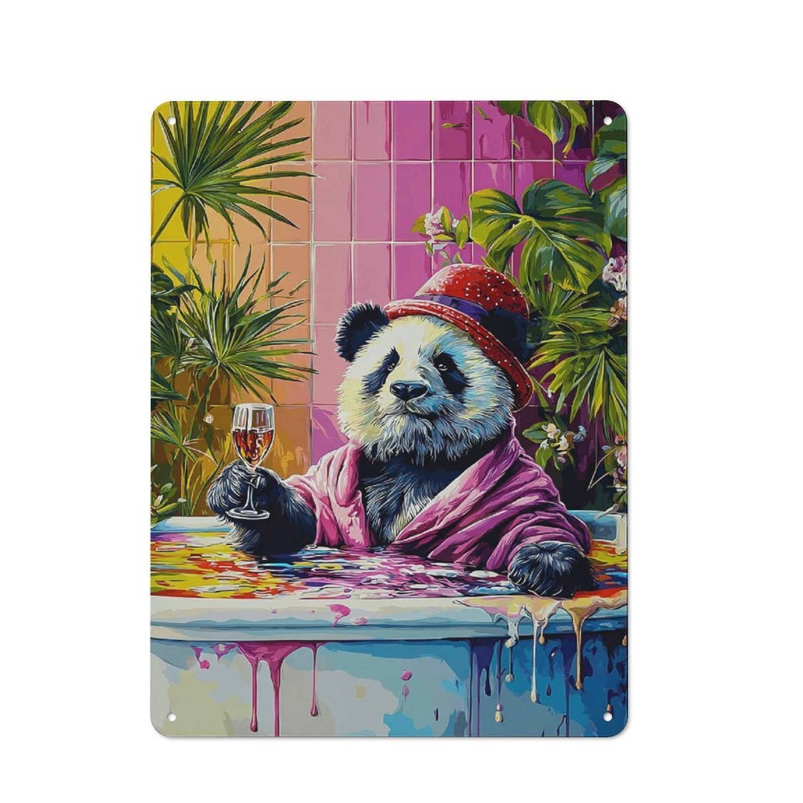 Junmoney Panda In Hot Tub With Wine Glass Industrial-Style Tin Sign 40X30cm For Café Or Home Bar, For Cooler-Month Interiors With Industrial Character