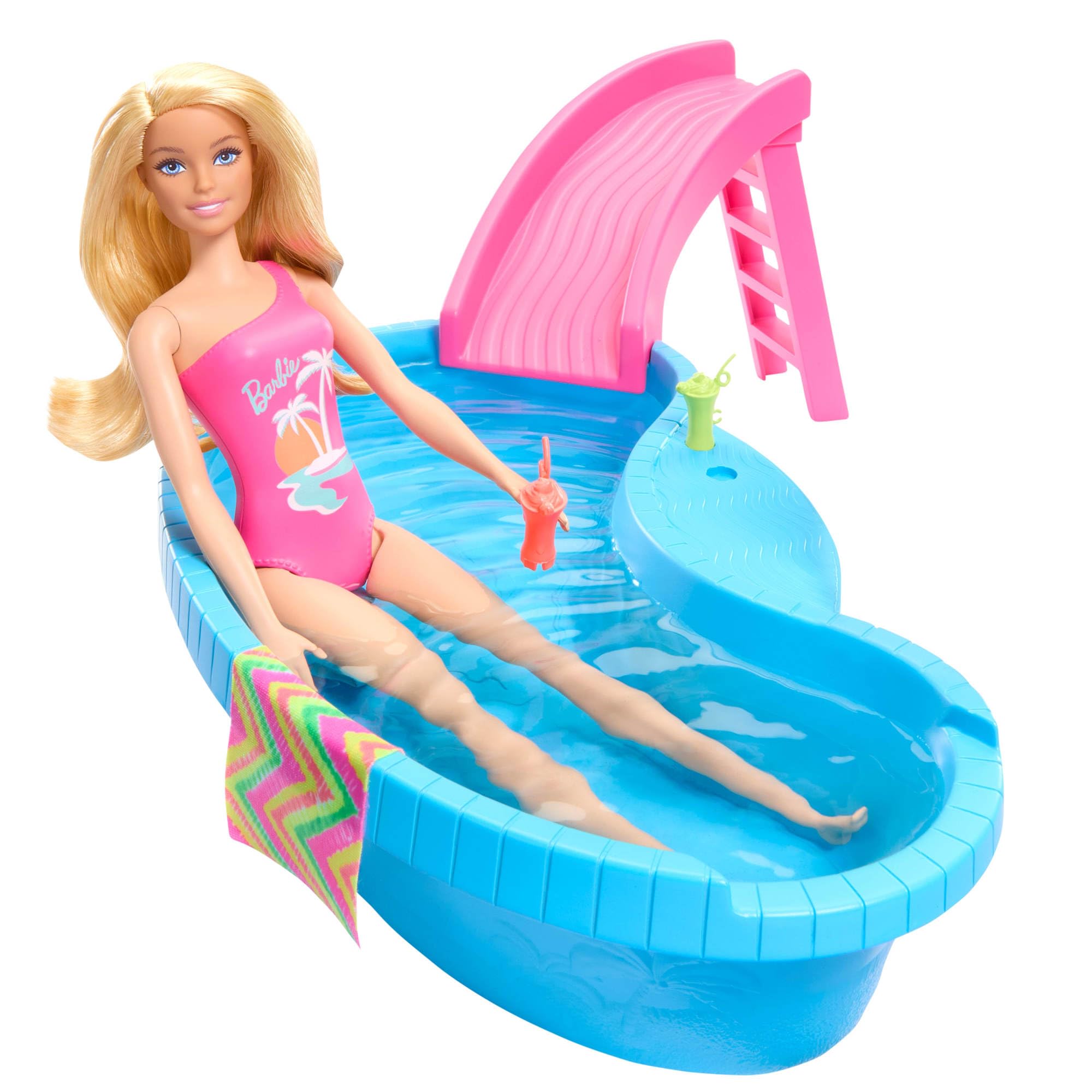 Barbie Puppe und Zubehör - Pool mit Rutsche und Accessoires für stundenlanges Spielvergnügen in der Sonne, pinkfarbener Badeanzug mit tropischem Design, für Kinder ab 3 Jahren, HRJ74