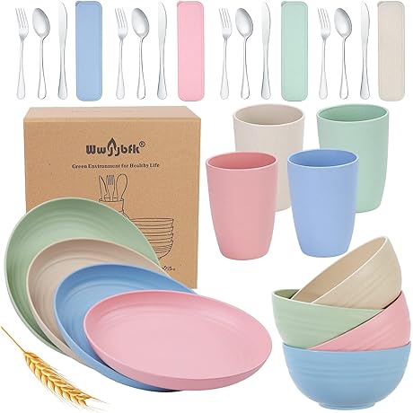 College Student Dorm Essentials: 28-Piece Wheat Straw Kitchen Dinnerware Set