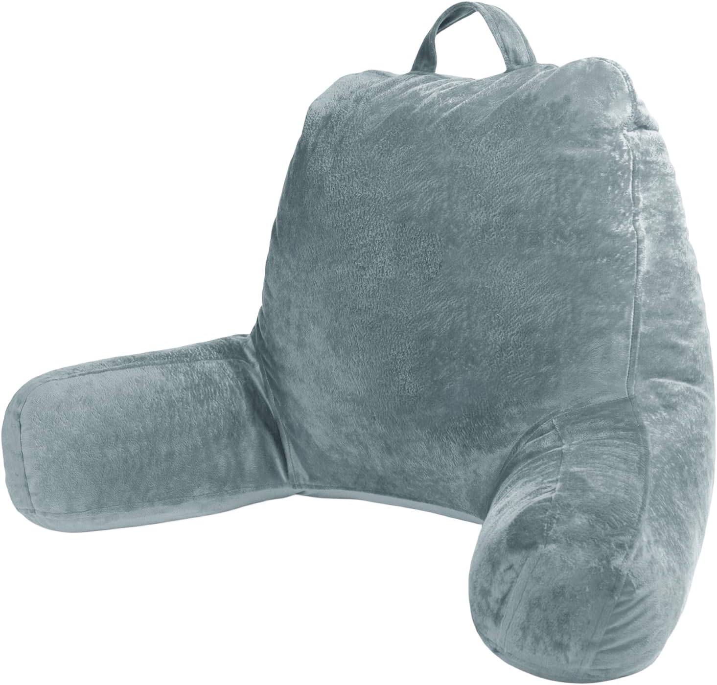 Sasttie Reading Pillow, Velvet Back Pillow for Bed Sitting Up, Adult Back-Rest Support Cushion with Arms for Sit Up on Couch, Sofa, and Floor, Dorm Essentials, Reading Accessories, Bluish Grey