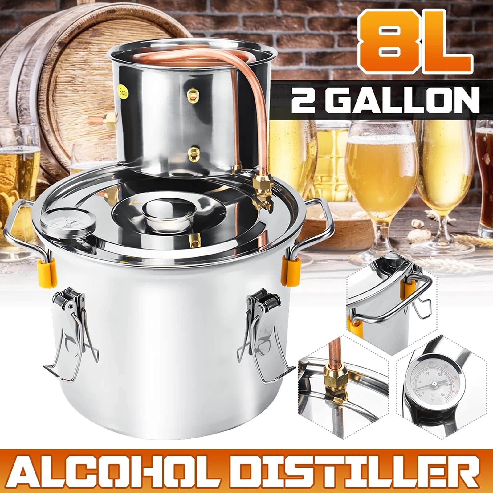 6/8/12/22 / 35L Moonshine Todavía Destilador De Alcohol De Agua, Acero Inoxidable Caldera De Licores Con Tubo De Cobre Y Termómetro Kit De Elaboración De Aceite Esencial De Vino De Agua De Whisky,6L