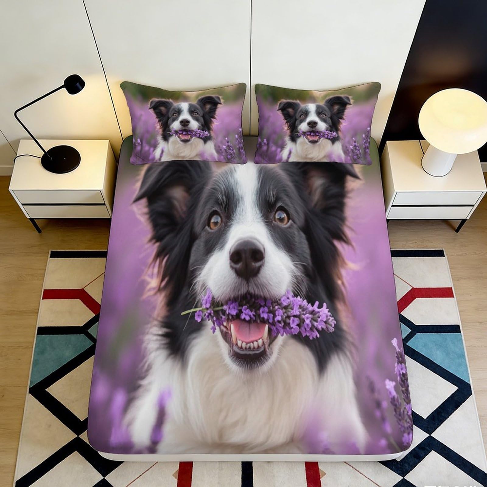 3D Printed Border Collie Dog Fitted Sheet Microfiber Soft Durable Lavender Field Bed Cover for Bedroom Dormitory Guest Room Mattress Protection Decor 120x200x25cm