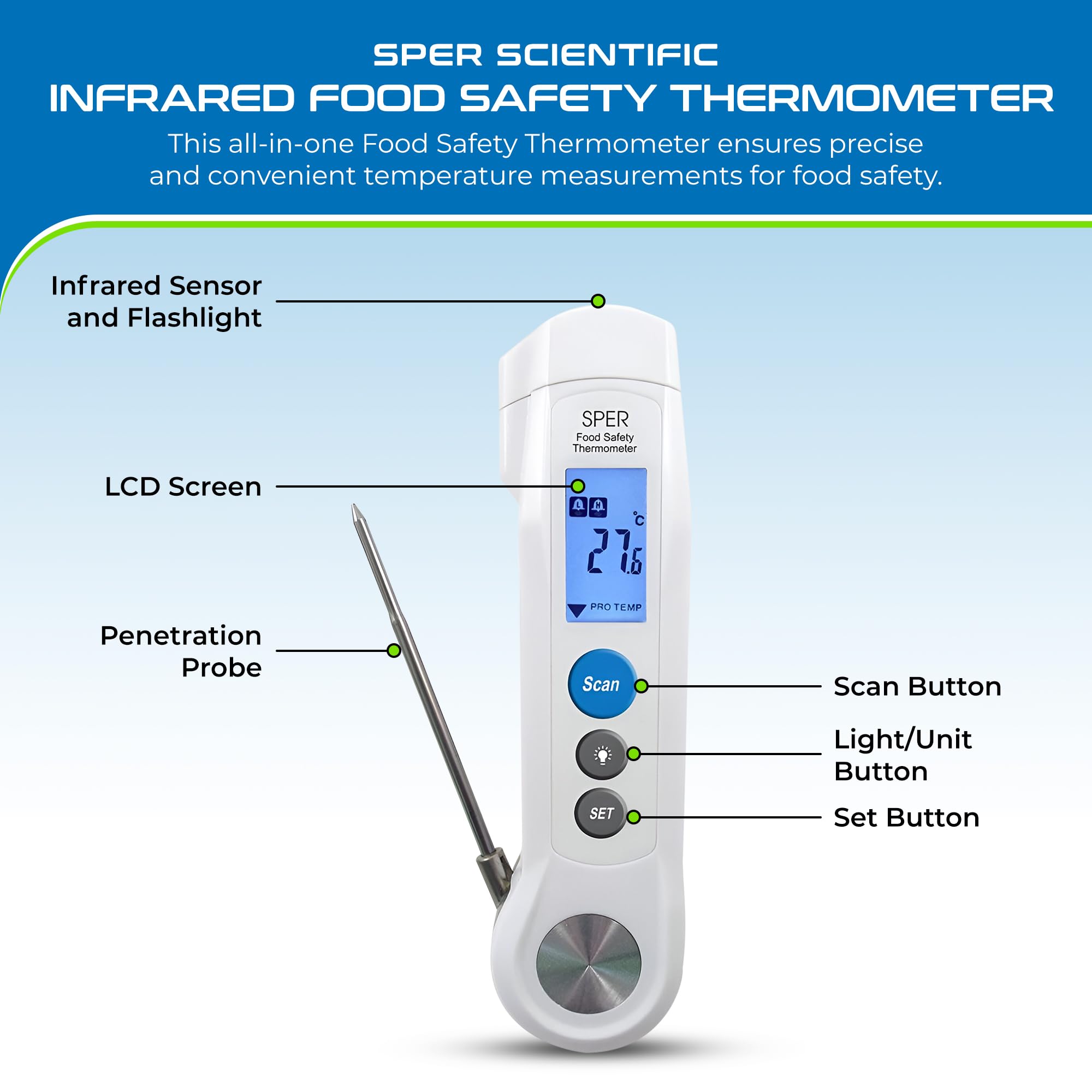 Sper Scientific Termómetro de seguridad de alimentos con infrarrojos con calibración y servicio de EE. UU.