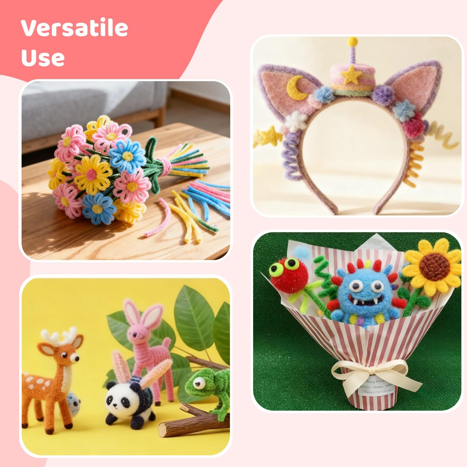 Selvotran Lot de 1300 cure-pipes, tiges chenille en 13 couleurs, 30 tiges florales, 2 rouleaux de ruban floral, autocollants perles et étamines, tiges pliables de 11,8 in pour projets DIY