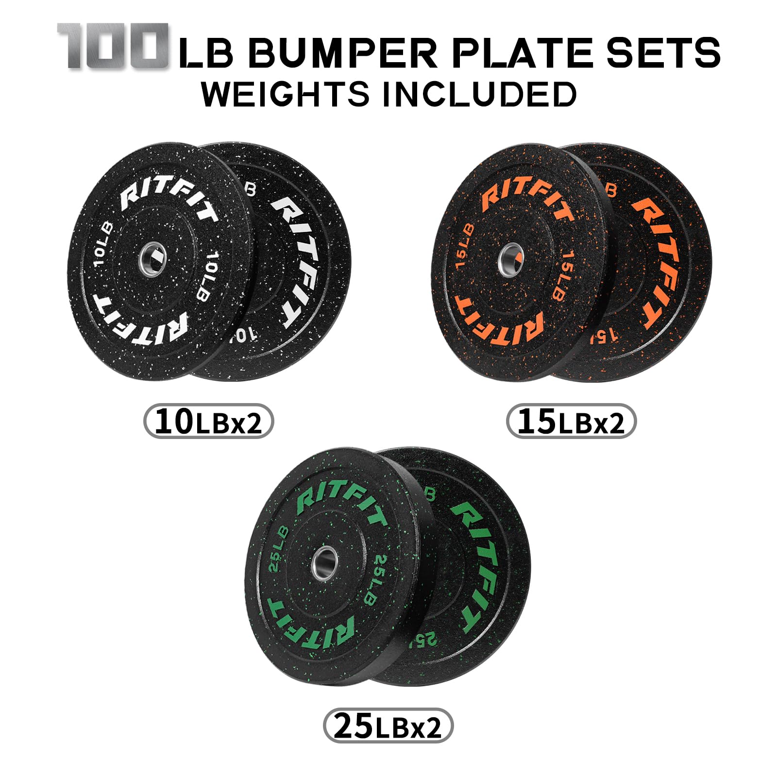 RitFit Bumper Plates, Colored Fleck-Rubber Weight Plates with Steel Insert, 2-inch Olympic Weight Plates for Weight Lifting and Strength Training (Single, Pair & Set) (100 Set)