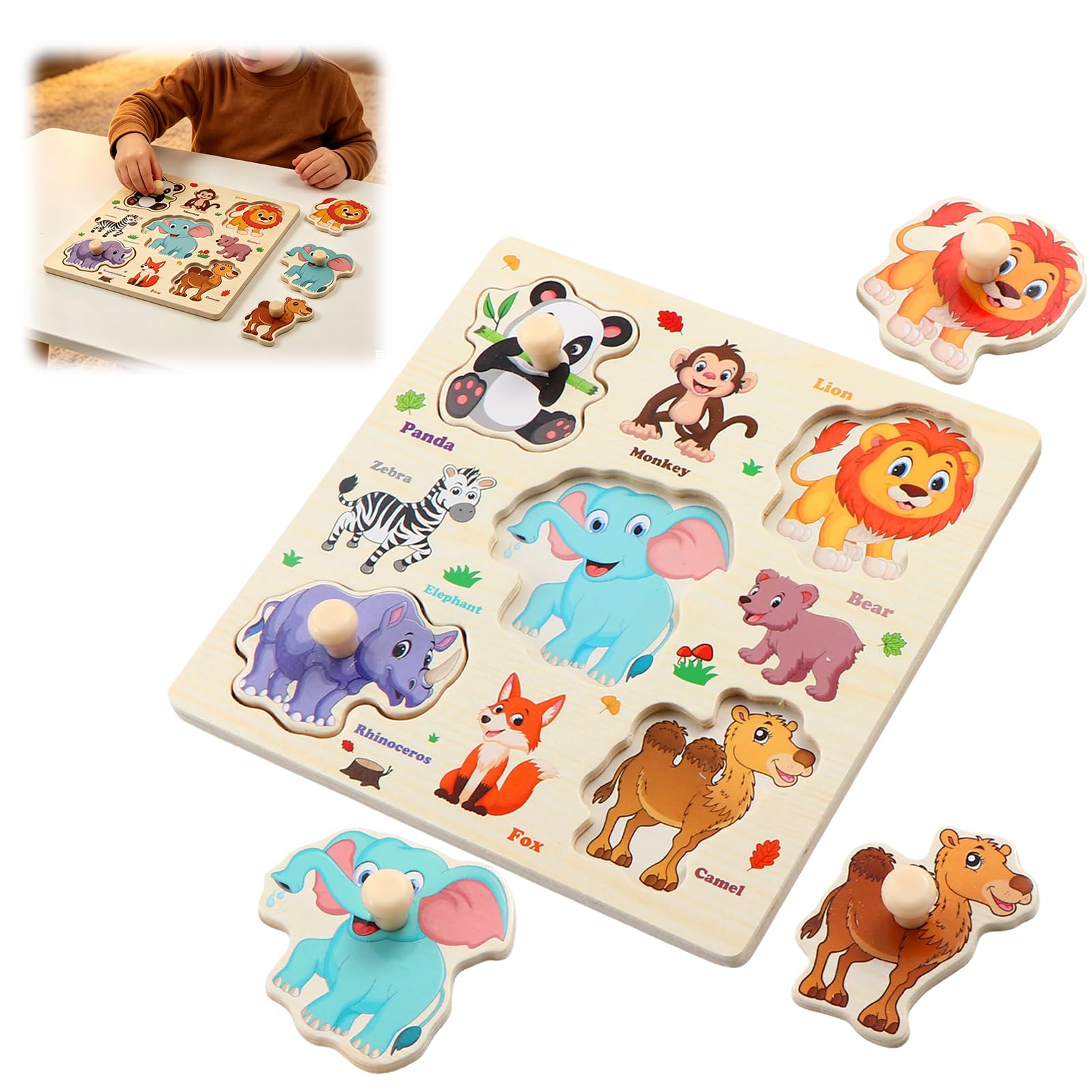 Animal Peg Puzzle Wooden Board, Animal Theme Jumbo Knob Wooden Matching Jigsaw with Handles for Gifts Presents, Wood Peg Puzzle with Forest Animals for Home Office Shelf Table Display Decorative