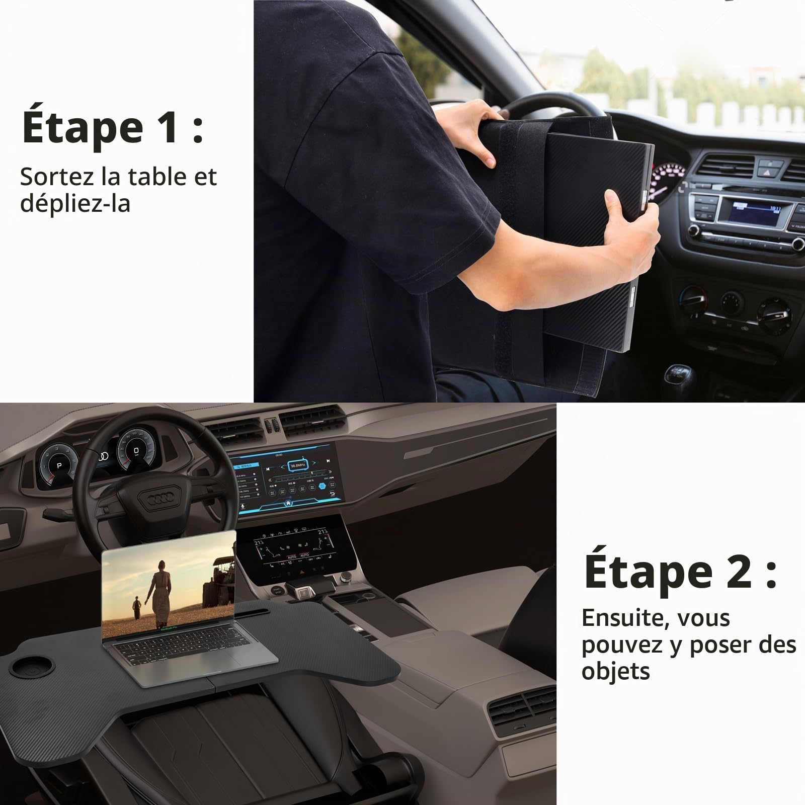 Bureau d'ordinateur Portable de Voiture pour Tesla Model 3 Model Y, Table de Travail Pliable pour Ordinateur Portable, Plateau de Volant, Plateau en Fibre de Carbone pour Travailler, Lire, Manger