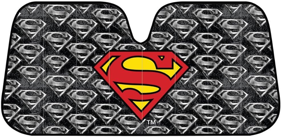 BDK Superman Front & Rear Car Seat Covers, Rubber Floor Mats and Sunshade Gift Set - Warner Brothers 14 Piece Official Licensed Auto Accessories Bundle (C1604)