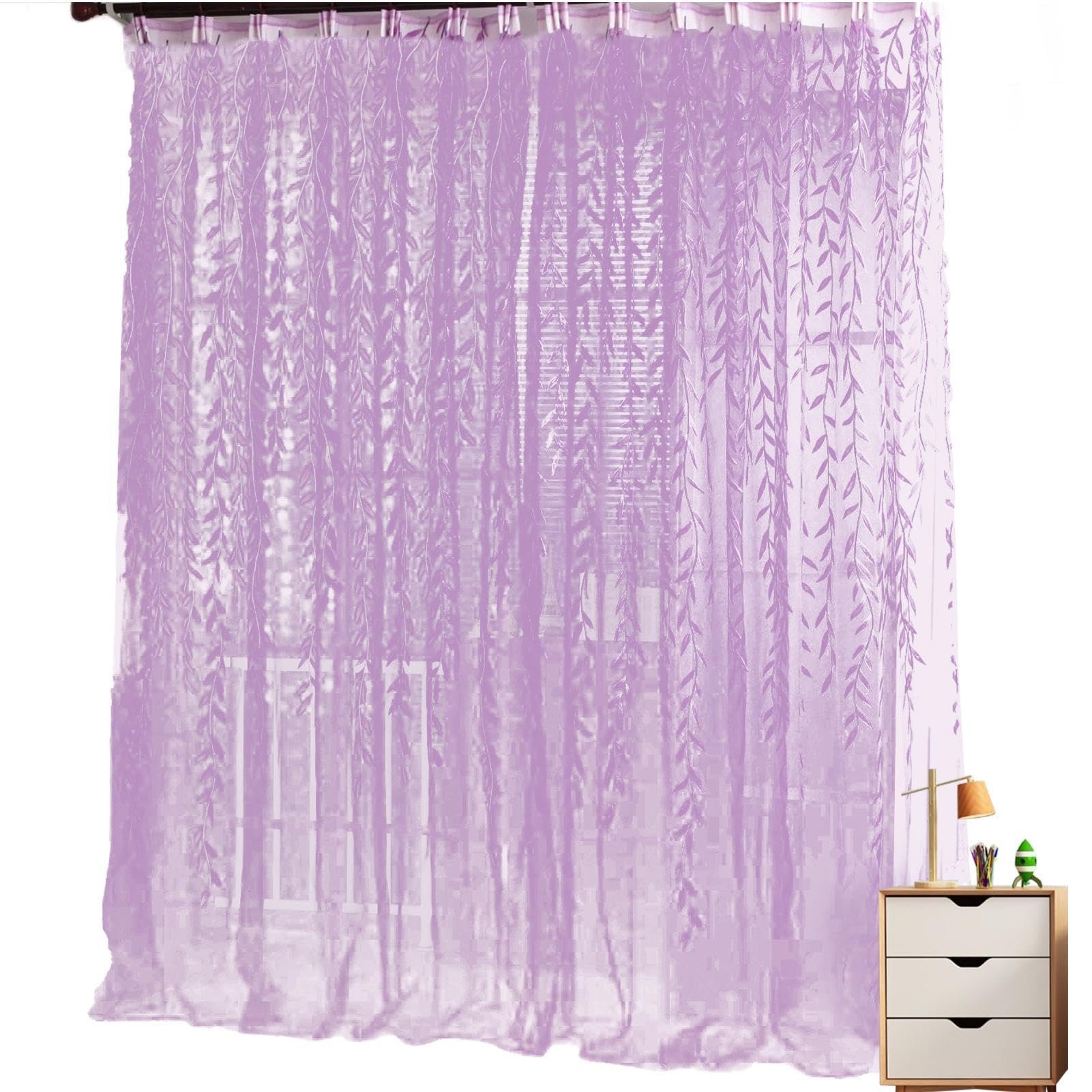 Generic Green Gauze Curtains - Weeping Willow Curtains, Green Sheer Panels | Light and Airy Window Tulle, Tulle Design Drapes for Kids Living Rooms Bedrooms Doors and Balconies, Polyester, Purple