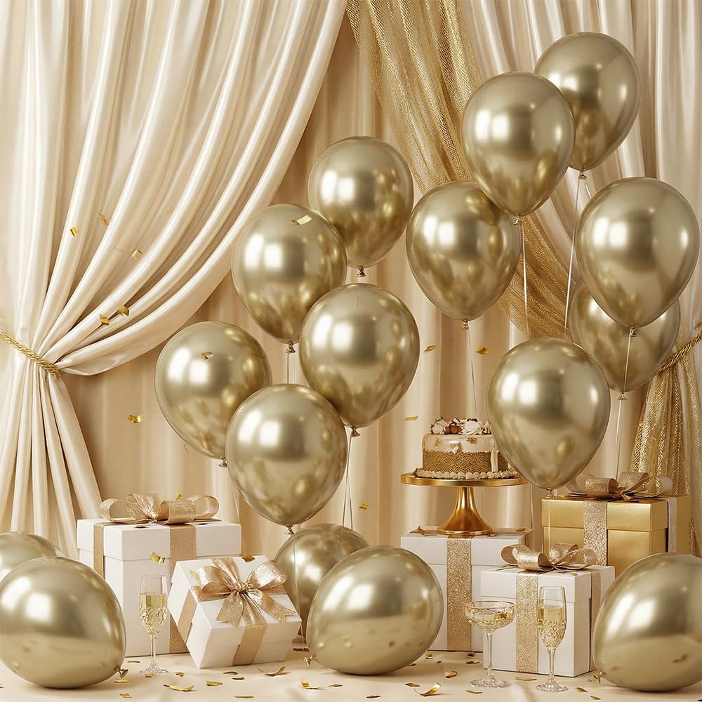 White Gold Metallic Balloons 10 Inch 100 Pack, Vintage Gold Latex Balloons with Ribbon, Helium Balloons for Balloon Garland, Wedding, Birthday & Party Decorations — image 1