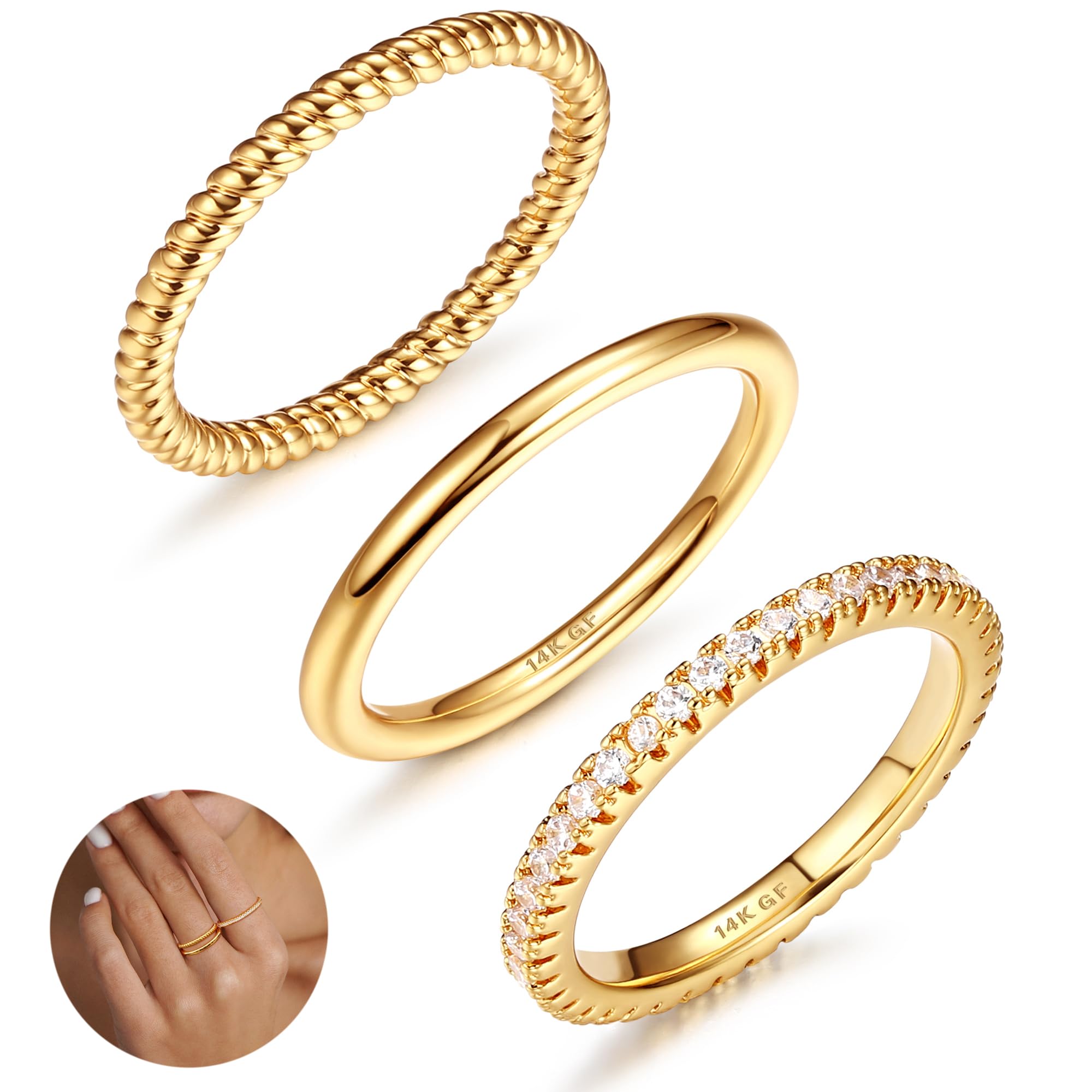 Adramata 3Pcs Anillos Mujer Oro Anillos Rellenos de Oro de 14K Anillos de Compromiso Anillos Apilables Anillos Boho para Dedos Anillo Fino Minimalista Anillo para Pulgar Oro Anillos Mujer