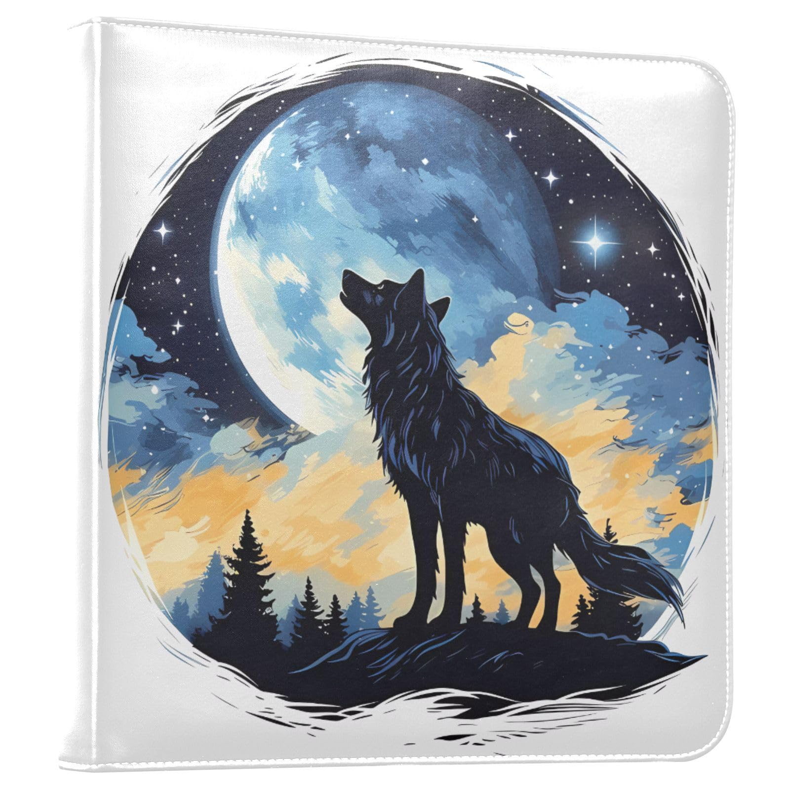 JIPONI Wolf Blue Moon Large Photo Album, DIY Leather Cover Scrapbook Albums for 4x6 5x7 6x8 Pictures, Self Adhesive Memory Book for Wedding, Baby, Family