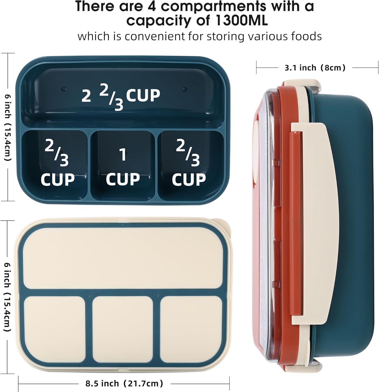 Bento box adult work lunch box, adult container, with 4 compartments, lunch container with cutlery ( knife, fork, spoon, sauce box), animal fruit fork, microwave and dishwasher safe, Orange Blue - Image 2