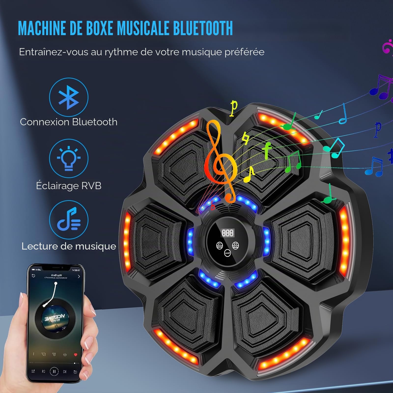Machine de Boxe Musicale, Smart LED, Bluetooth, avec Gants de Boxe, Cible de Boxe Murale, 9 Modes de Vitesse et Mode de comptage pour Adultes et Enfants