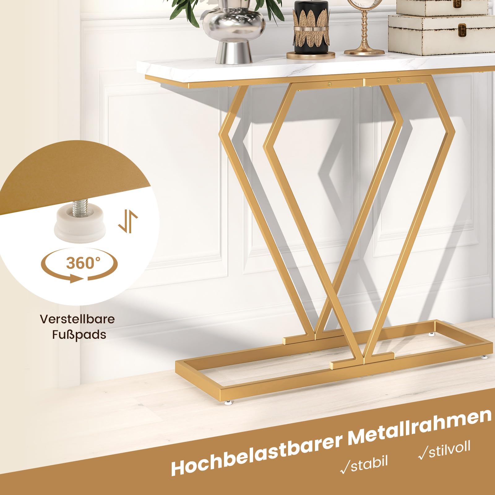 COSTWAY Stolik konsolowy, stół wejściowy wąski, stół do przedpokoju z marmurowym wyglądem i geometryczną metalową ramą, 100 cm stolik pomocniczy do salonu, korytarza, wejścia