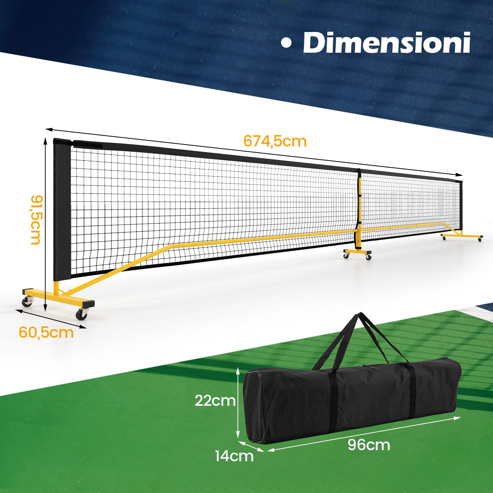 COSTWAY Rete Pickleball Portatile 6,7 m con Ruote, Telaio in Metallo e Borsa da Trasporto, per Badminton e Allenamento Multifunzionale