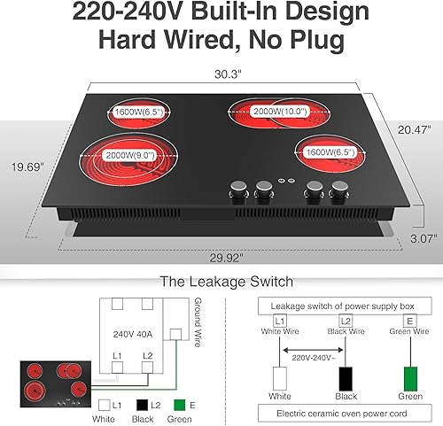 Miniatura 6 de Placa de cocina eléctrica, 4 quemadores incorporados, estufa eléctrica de cocina superior de placa caliente, control eléctrico por perilla,