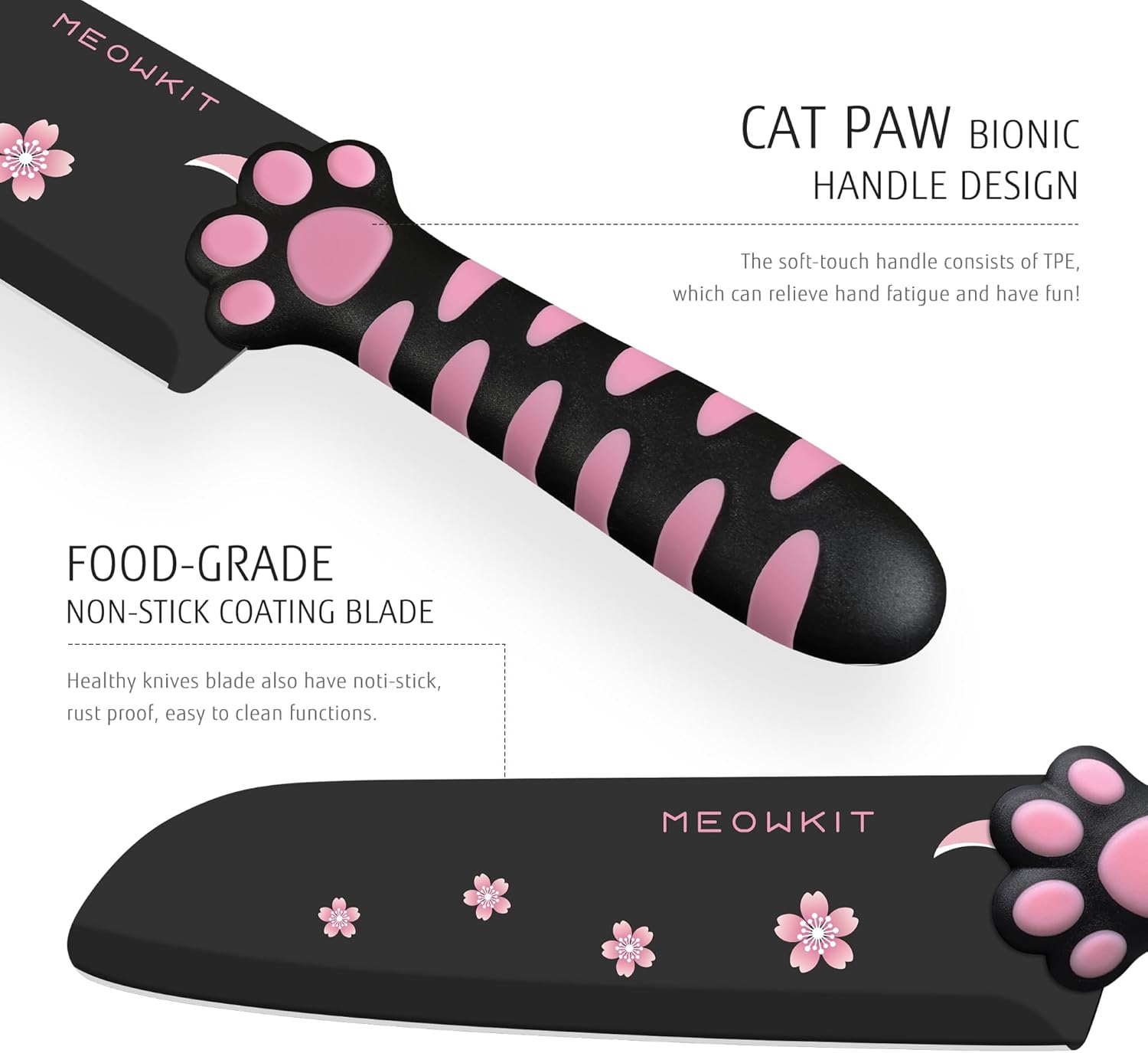 Cute Kitchen Knife Set, Dishwasher Safe, 5 pieces Non-Stick Knives,Sharp for Chopping, Slicing, Dicing and Cutting, Cat Paw Handle