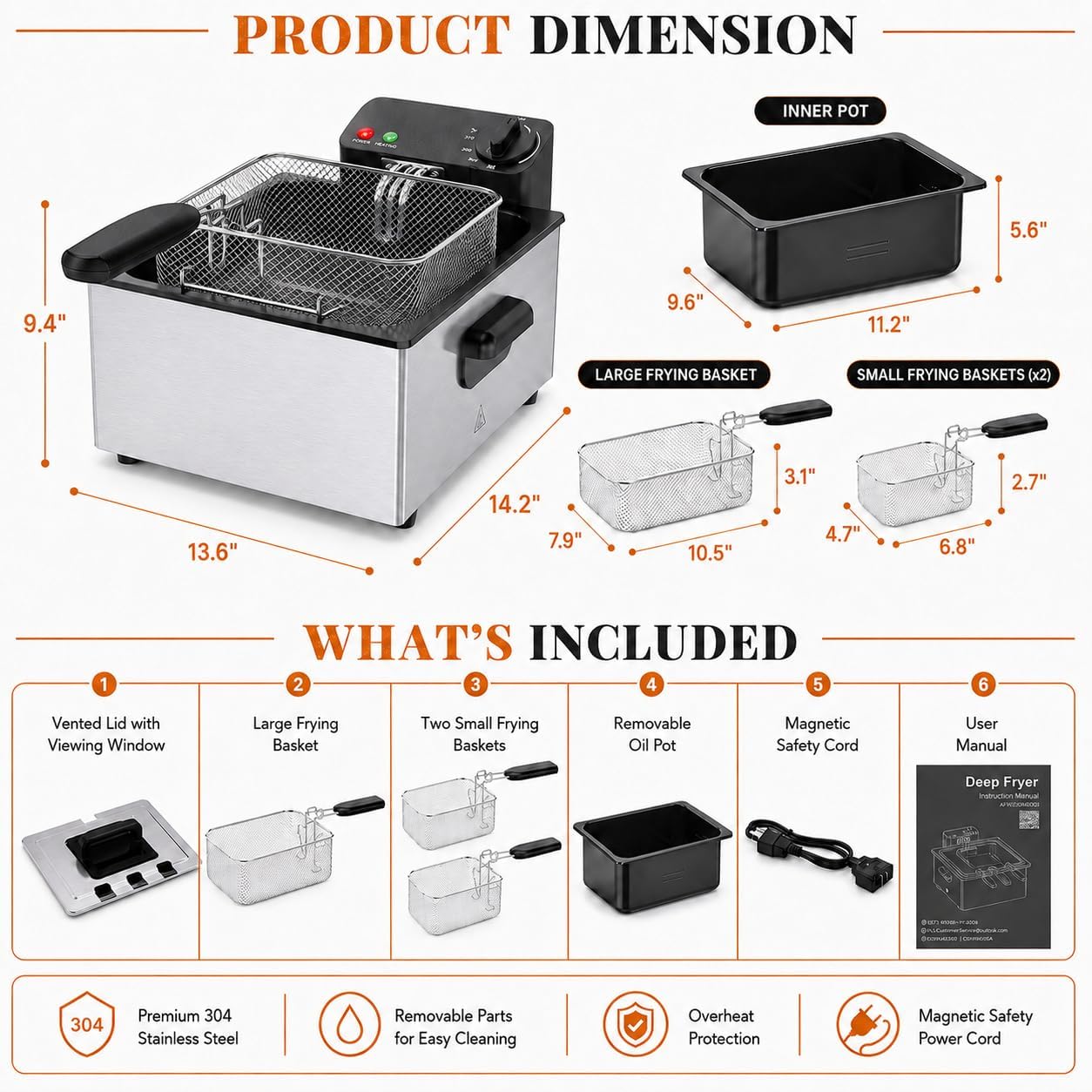 Simple Deluxe 5L 1800W Electric Deep Fryer, Viewing Window Lid and Cool-Touch Handle, 4 Temp Settings, Removable Basket, Auto Cut Off Safety Design, Stainless Steel Parts with Dishwasher-Safe, Silver