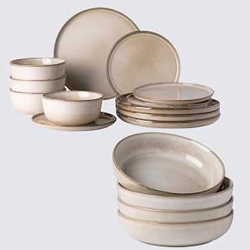 GBHOME Ceramic Dinnerware Sets for 4, 16 Pieces Stoneware Plates and Bowls Sets, Chip and Scratch Resistant Dishes, Dishwasher & Microwave Safe, Reactive Glaze-Cappuccino