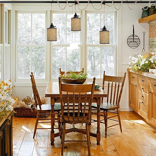 Miniatura 6 de XININSUN 3 luces colgantes enchufables, lámparas colgantes con cable enchufable, interruptor regulable, pantalla tejida de mimbre de ratán, lámpara