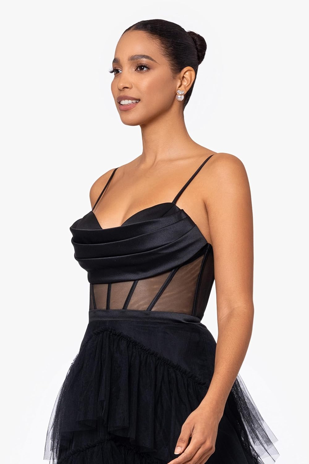 Betsy & Adam Womens Women's Long Layered Tulle Evening Ballgown with Spaghetti Straps - Image 3