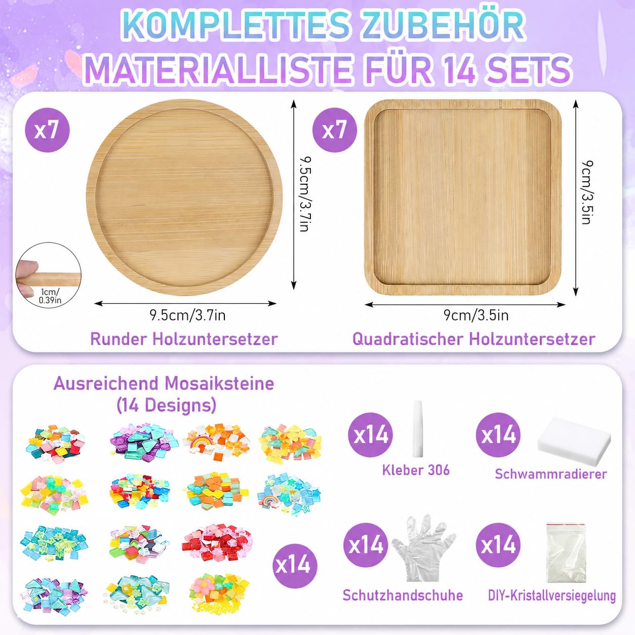 OGMBI Set di 14 sottobicchieri a mosaico fai da te, con piastrelle di vetro e sottobicchieri in legno, set fai da te per bambini e adulti, kit fai da te come regalo decorativo